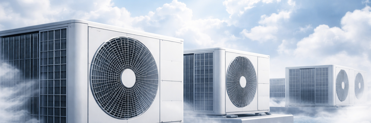 Modern air conditioning units set against clouds, representing reliable air conditioning services in Capalaba